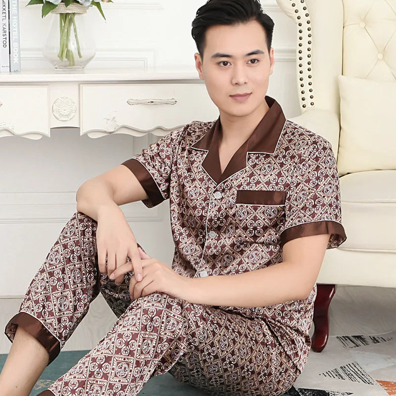 Men's Premium Ice Silk Pajama Set | Luxury Paisley Long-Sleeved Sleepwear Suit | Thin Turn-Down Collar Nightwear | Plus Size High-Quality Home Clothes Male Suit Model SY5004 Luxegan