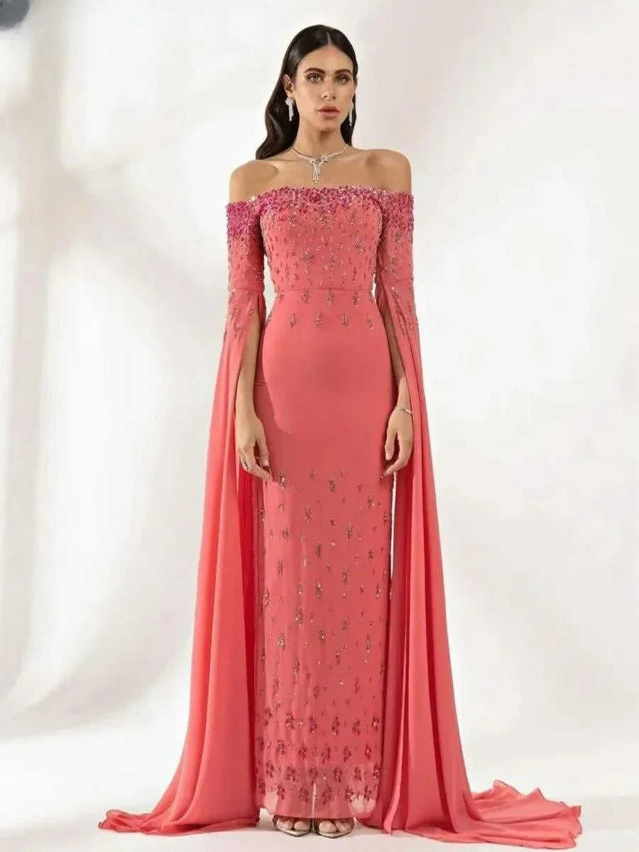 Vintage Sequined Beaded Formal Evening Dress | Half-Sleeve Off-The-Shoulder Chiffon Gown with Ribbons | Elegant Boat Neck Ruched Wedding Guest Dress | Model 1 Floor-Length Straight Silhouette Prom & Cocktail Gown Luxegan