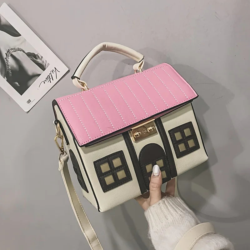 New Creative Cartoon Small House Crossbody Bag | Cute Funny Contrasting Color PU Leather Women's Handbag Luxegan