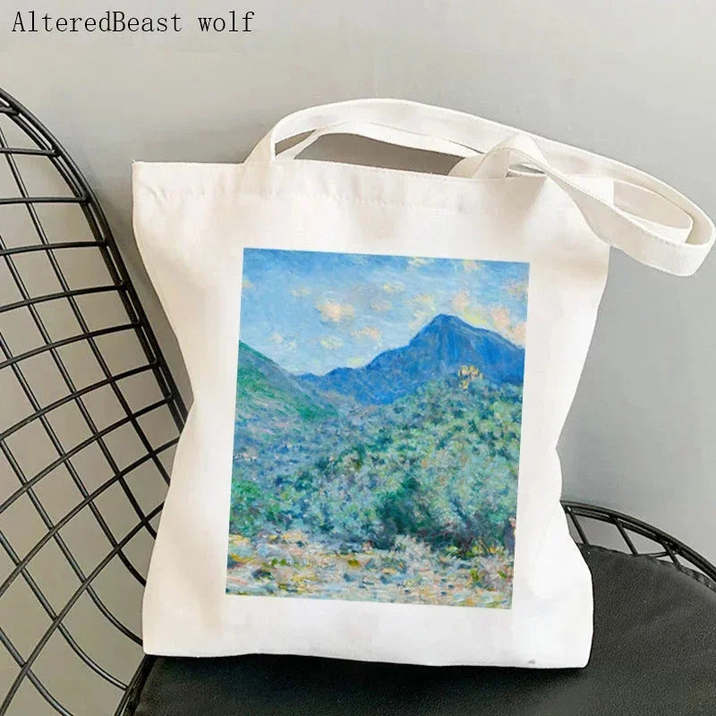 Monet Water Lilies Canvas Shoulder Bag | Sophisticated Kawaii Harajuku Shopping Tote | Elegant Art-Inspired Shopper Handbag | "Dignified" Durable Square Purse for Versatile Daily Styling Luxegan