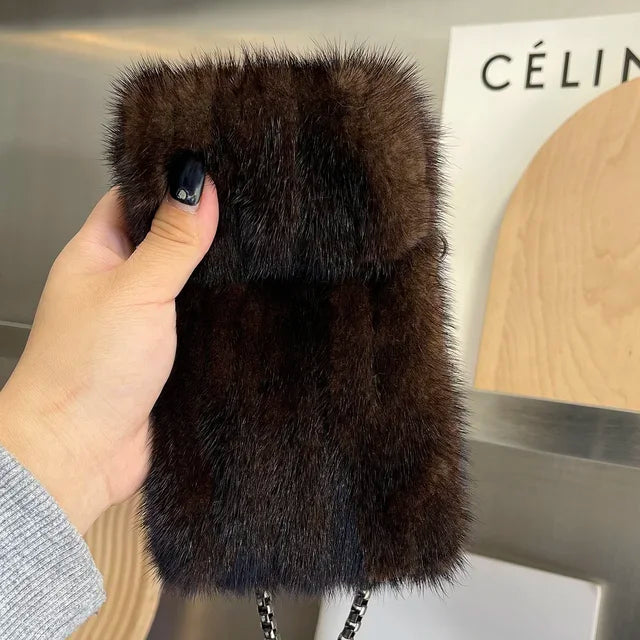 Real Mink Fur Bag Crossbody Bags For Women Phone Bag Lady Shoulder Bags Real Fur Bag Female Messenger Bag Winter Handbag Ladies Luxegan