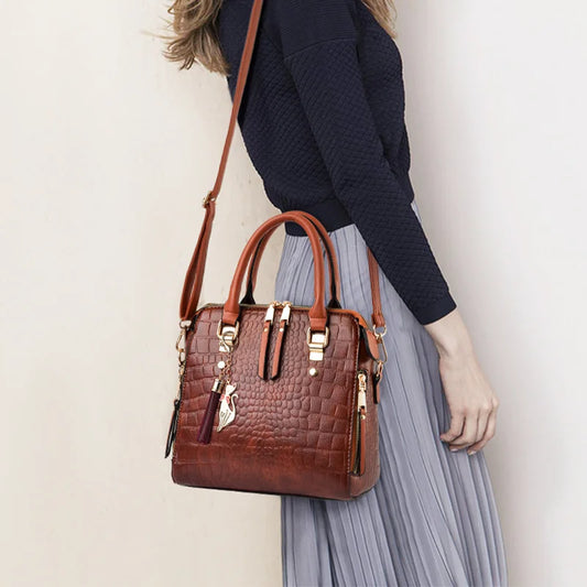 Luxury Crocodile Pattern Handbag | PU Leather Tassel Shoulder Bag Luxegan