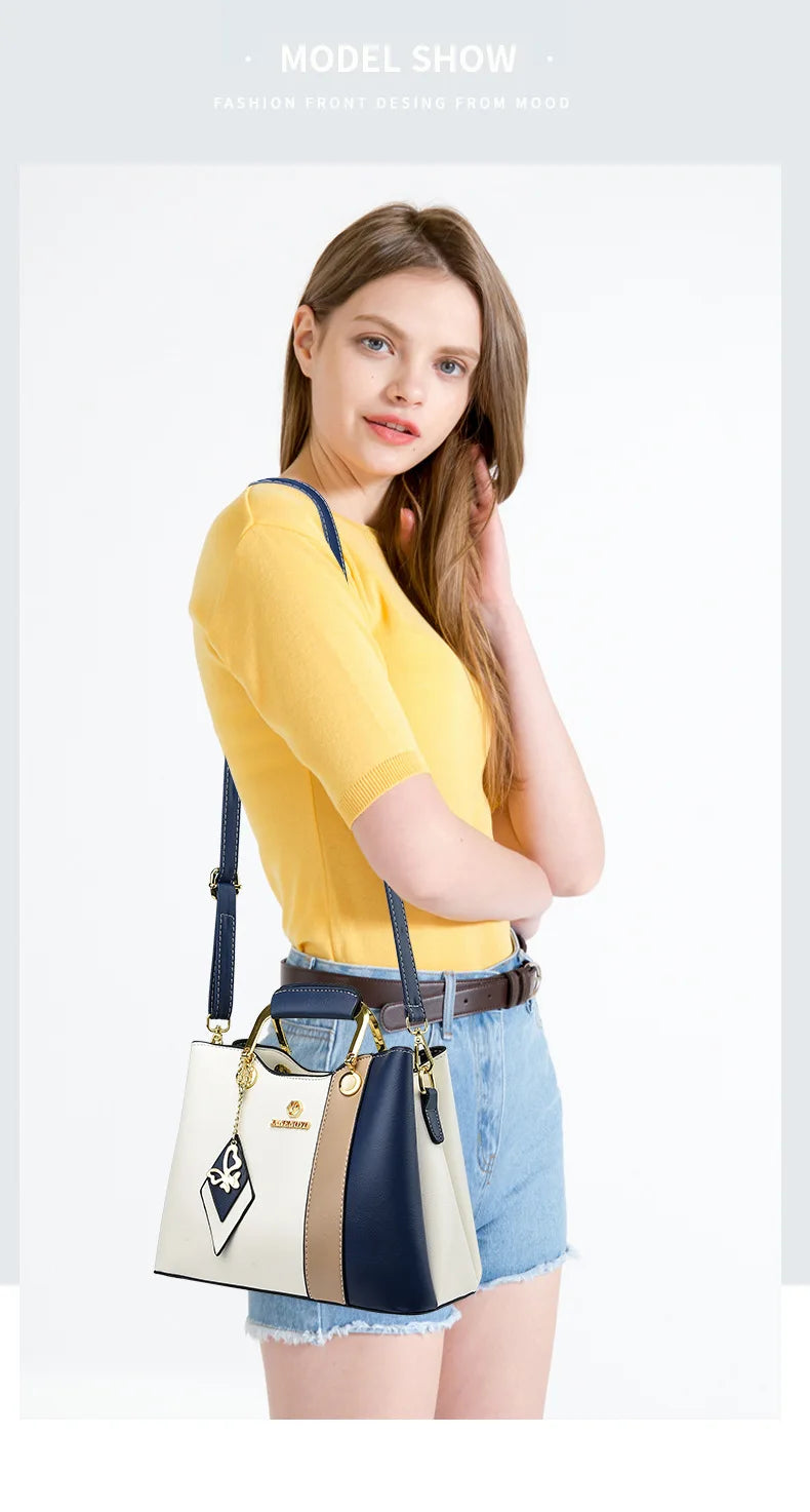 Women’s Fashion Cat-Themed Satchel | Sophisticated Top-Handle Handbag | Fashion-Forward Patchwork Shoulder Bag | Elegant Crossbody Purse with Tassel Decoration Luxegan