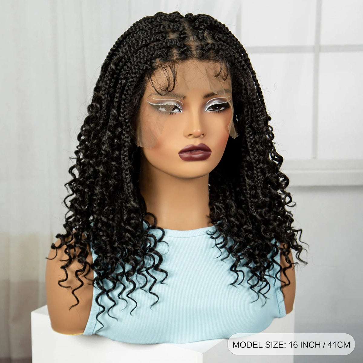 Full Lace Braided Lace Wigs Synthetic Knotless Box Braided Lace Wig with Curly Ends for Black Women Kinky Curly Braided Bob Wig Luxegan