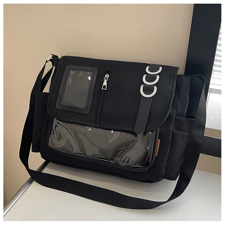 New Y2K Japanese Harajuku School Bag | Transparent Crossbody Ita Bag for Girls | DIY Badges Display Plate Shoulder Satchel Luxegan