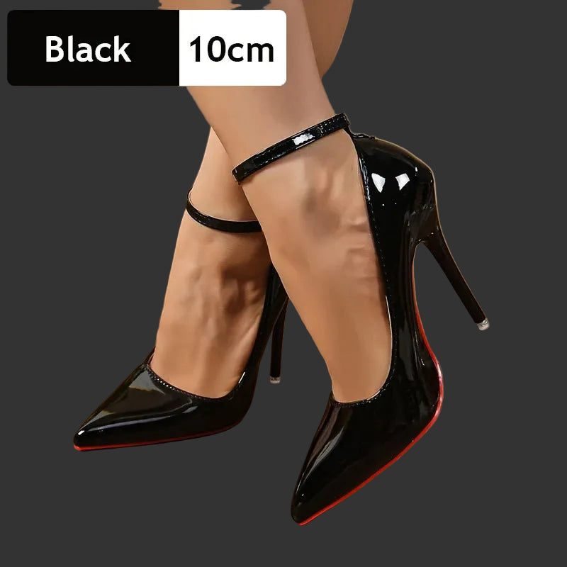 Metal Belt Buckle Stiletto Pumps | Sophisticated 10cm/12cm Pointed Toe Heels | Elegant "Super Big Size" 48 49 50 Party Shoes | "Dignified" Patent Leather Goblet Heels for Radiant Versatile Styling Luxegan