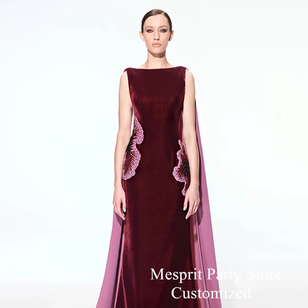 Burgundy Velour Mermaid Prom Dress with Detachable Cape | Customized Open-Back Formal Gown | Shimmering Beaded Sequined Boat-Neck Floor-Length Evening Dress Luxegan