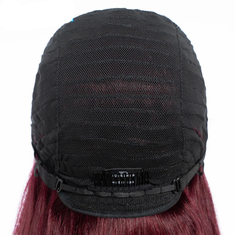 Vibrant 99J Burgundy Wine Red Bone Straight Human Hair Wig with Bangs | Glueless Full Machine-Made Brazilian Remy Human Hair Wig | Premium 22-Inch Classic Fringe Straight Wig for Women Luxegan