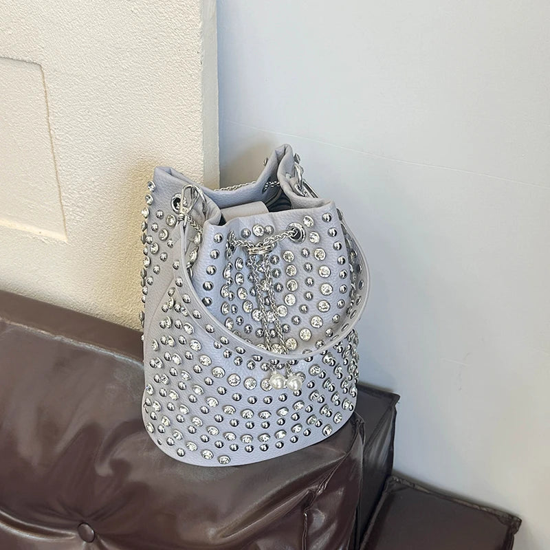 Studded Punk Rock Bucket Bag for Women | Pearl Charm Drawstring Leather Shoulder Bag | Premium Rhinestone Crossbody Purse | Autumn & Winter Solid Color Moderate Hardness Tote Model A Luxegan