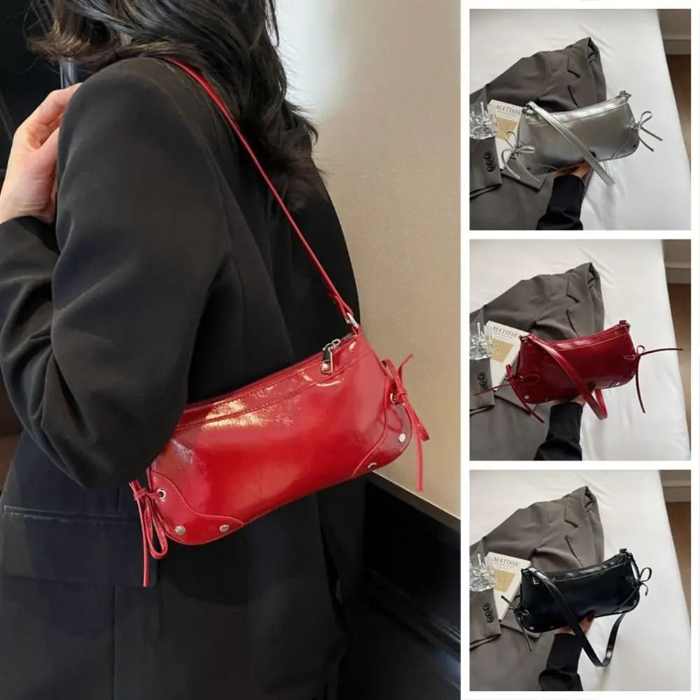 Y2K Designer Solid Color Shoulder Bag | Fashion PU Leather Bow Tie Armpit Bag for Women & Girls Luxegan