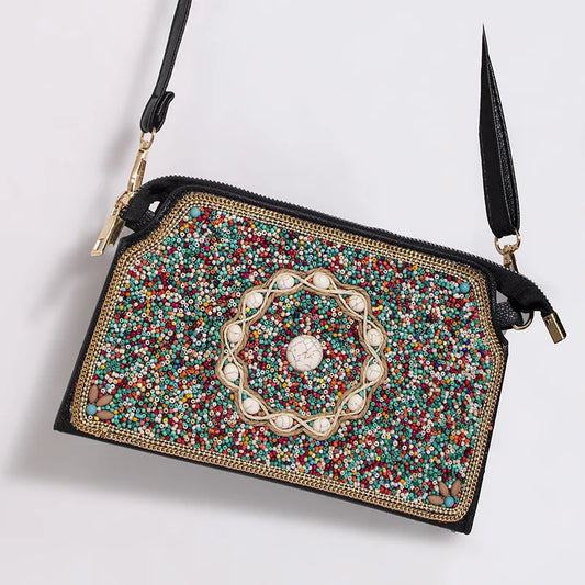 Geometric Pattern Bohemian Crossbody | Sophisticated "National Style" Silhouette | Elegant Handmade Beaded Ethnic Purse | "Dignified" High-Performance PU Essential with Shell Decoration for Radiant Versatile Styling Luxegan