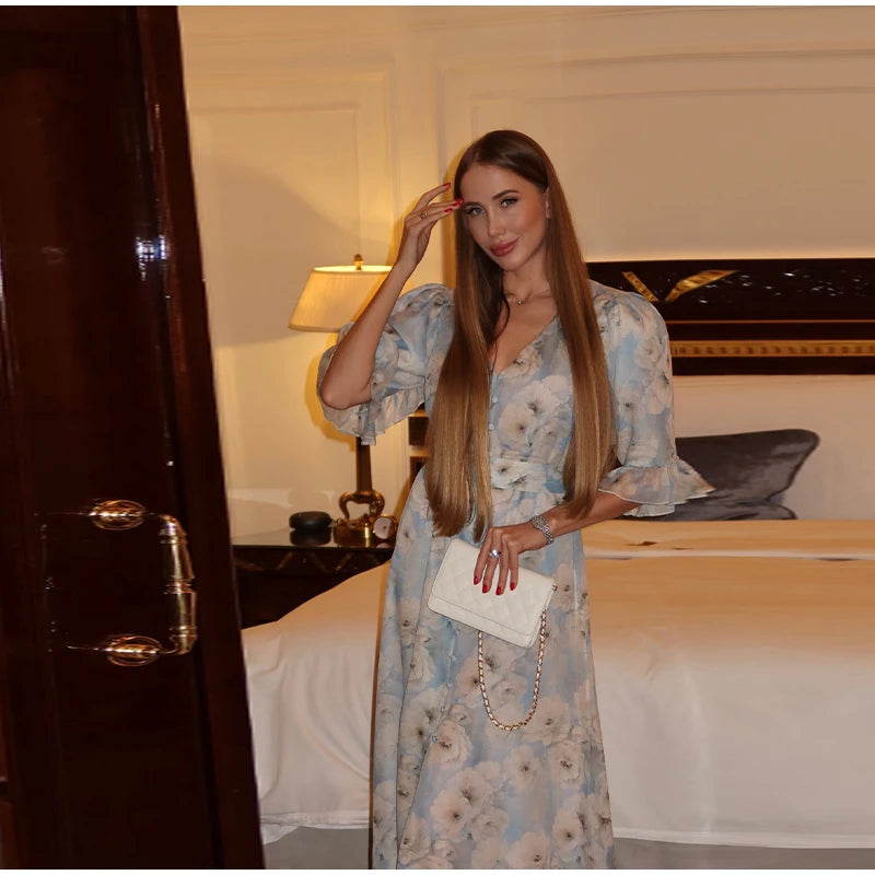 Organza Floral Printed Maxi Dress V-Neck  Puff Sleeve 2026 Spring/Summer Romantic Women Party Gown Fashion Elegant Lady Vestidos