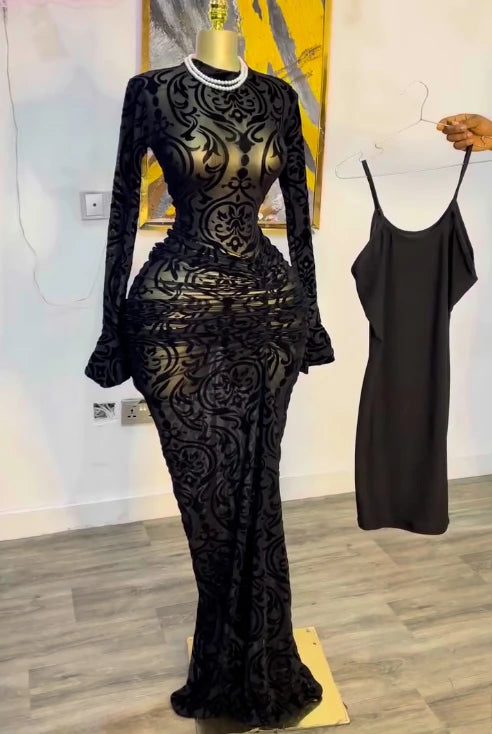 Long Sleeve Stacked Mesh Maxi Dress | Sexy See-Through Evening Gown with Premium Lining | Autumn Birthday Clubwear Bodycon Dress | Elegant O-Neck Flare Sleeve Floor-Length Pencil Robe Luxegan