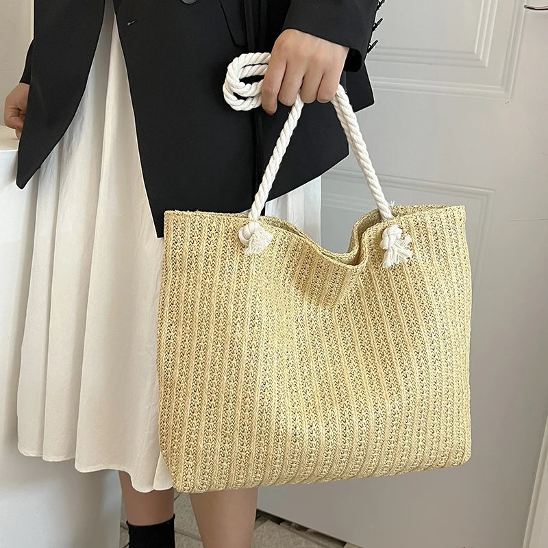 Popular Large Capacity Straw Weave Bag | Handmade Bohemian Beach Tote | Fashionable Knitting Shopper Handbag for Women Luxegan