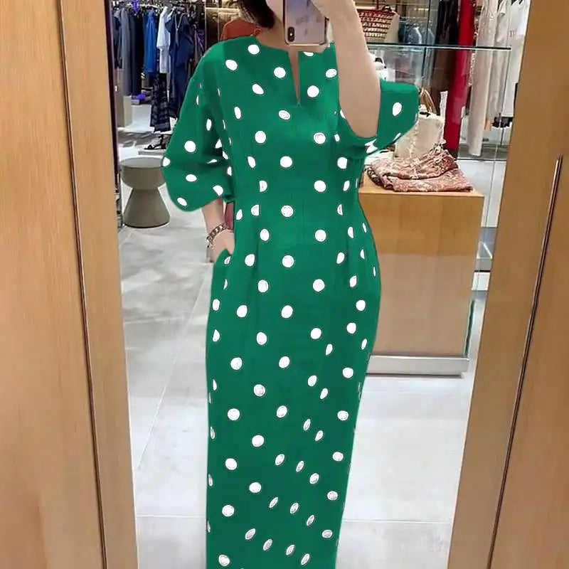 Dot Vintage V-Neck 3/4 Sleeve Slim Sheath Mid-Calf Dress with Pockets – Non-Stretch Polyester, Natural Waist, Summer Luxegan