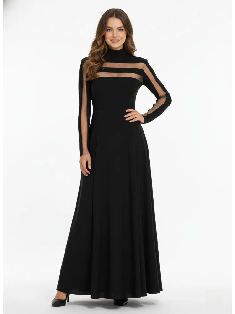 Turtleneck Long Sleeve Mesh See-Through High Waist Flared A-Line Maxi Gown | Elegant Evening Party Dress Luxegan