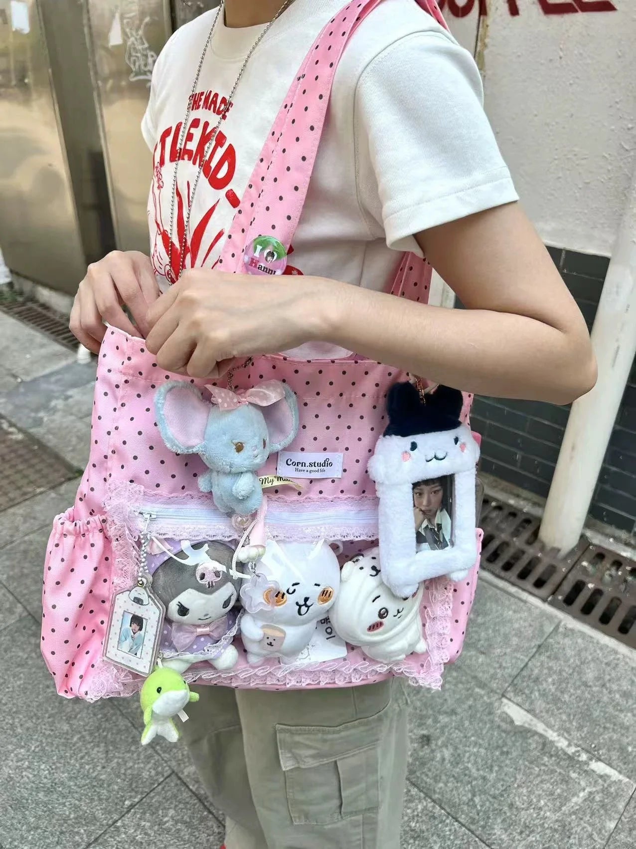 Canvas Y2K Ita Satchel | Soft Polka Dot Large Capacity Commuter Bag Luxegan