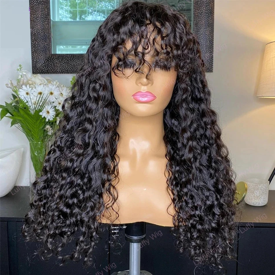12A Grade Kinky Curly Human Hair Wig with Bangs | 100% Brazilian Virgin Human Hair Glueless Wig | Fully Machine-Made Water Wave & Jerry Curl Fringe Wig for Women Luxegan