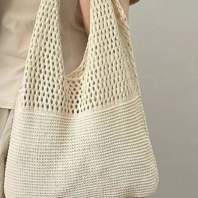 New Trend Women's Crochet Handbag | Retro Knitted Braid Solid Color Hollow Top-Handle Tote Bag (Black Khaki Shopper) Luxegan