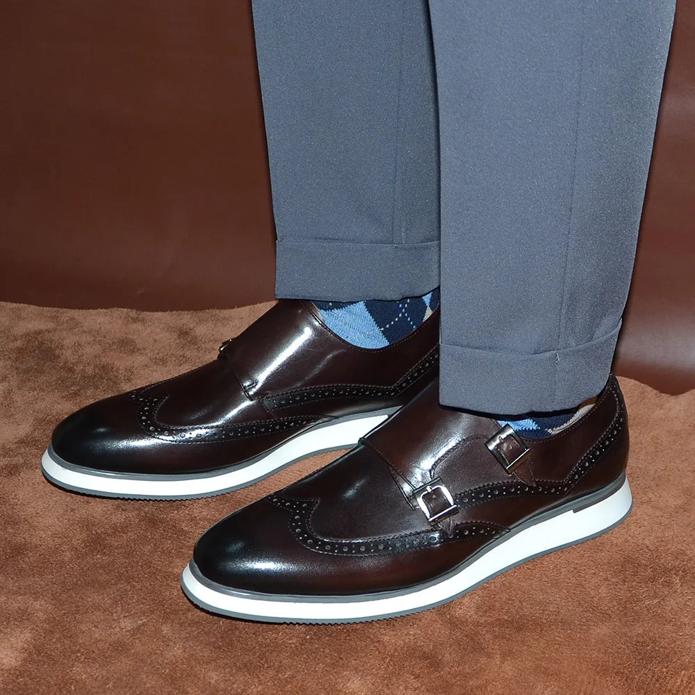 Classic European Luxury Monk Strap Sneakers | Sophisticated Double Buckle Wingtip Brogue | Elegant "Genuine Cow Leather & Suede" Silhouette | "Dignified" Sheepskin Insole & Non-Slip Rubber for Radiant Versatile Styling Luxegan