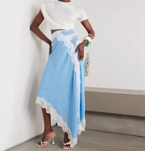 Women's Hollow Waist Lace Splicing Casual Dress | Spring Summer Solid Color Mid-Calf Dress | Elegant Round Neck Short Sleeve Sundress | Premium Non-Woven Slight Stretch A-Line Regular Fit Luxegan