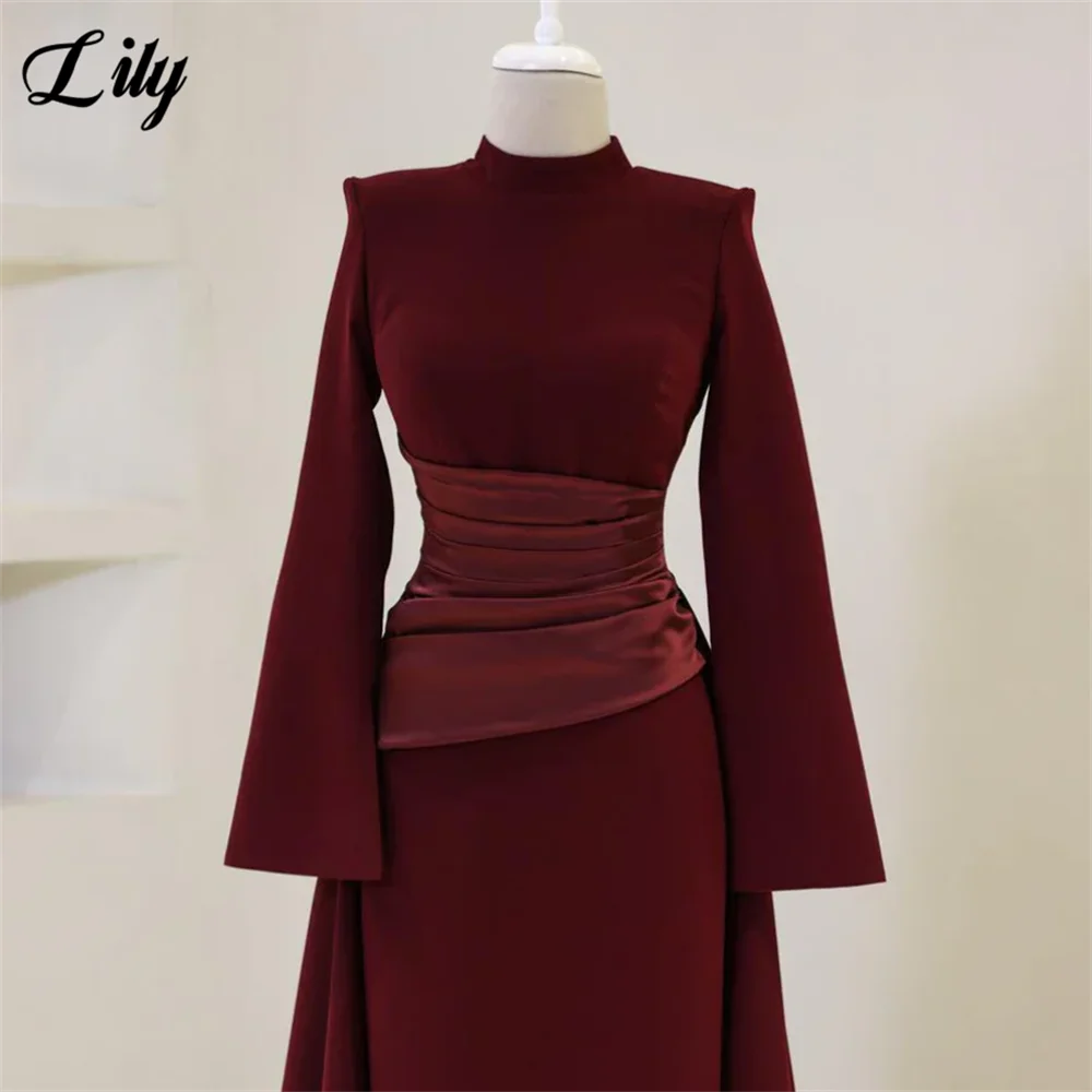 Lily Burgundy Elegant Prom Dresses High-Neck Long Sleeves Mermaid Evening Dresses Satin Muslim Formal Gowns Dubai  Customized