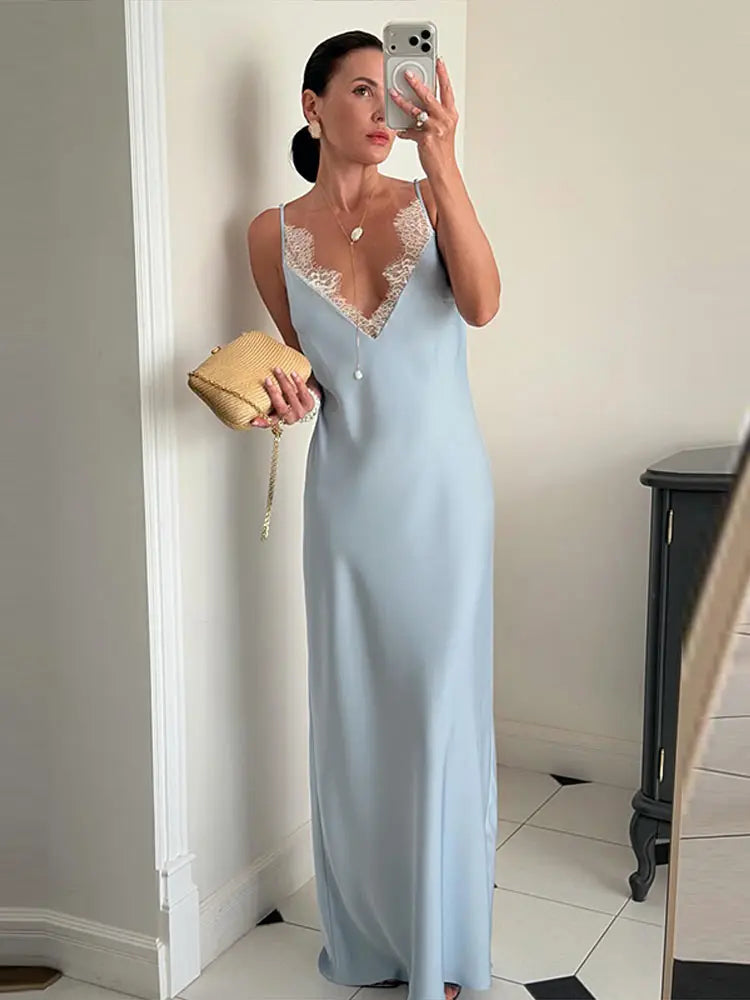 Solid V-Neck Sleeveless Lace Detail Slim Fit A-Line Floor-Length Dress – Slight Stretch Polyester, Natural Waist, All Season Luxegan