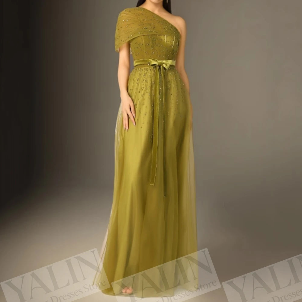 Sequined Sashes A-Line Prom Gown | One-Shoulder Floor-Length Evening Dress Luxegan