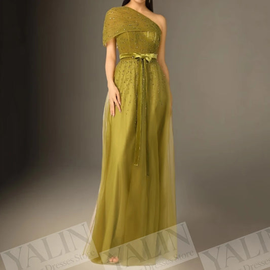 Sequined Sashes A-Line Prom Gown | One-Shoulder Floor-Length Evening Dress Luxegan