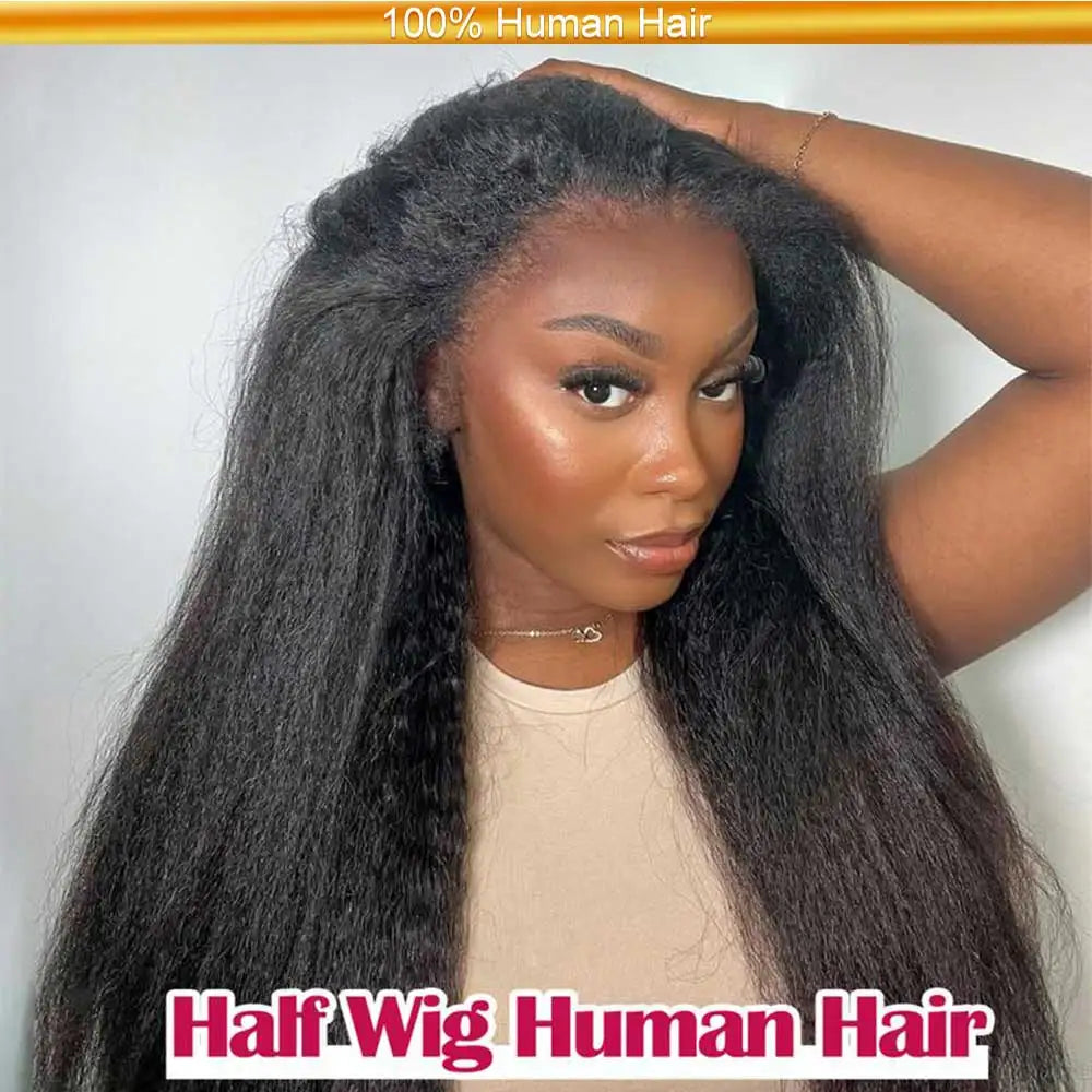 Afro Kinky Straight 3-In-1 Half Wig | Sophisticated "Seamless Flip-Over" Silhouette | Elegant 250% Density Drawstring Hairpiece | "Dignified" 30-Inch Brazilian Human Hair Wig for Radiant Versatile Styling Luxegan