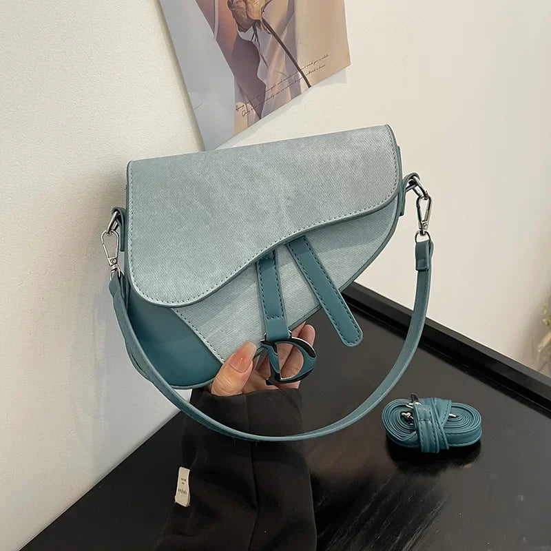 Denim-Look Contrast Saddle Bag | Fashionable Box Messenger Purse Luxegan