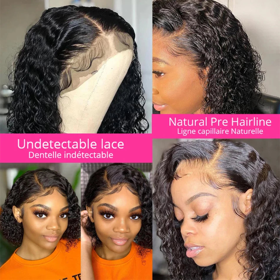 Short Curly Human Hair Bob Wig | Sophisticated 13x4 Lace Frontal | Elegant "Peruvian Remy" 4–16 Inch Length | "Dignified" Pre-Plucked Water Wave Glueless Human Hair for Radiant Versatile Styling Luxegan