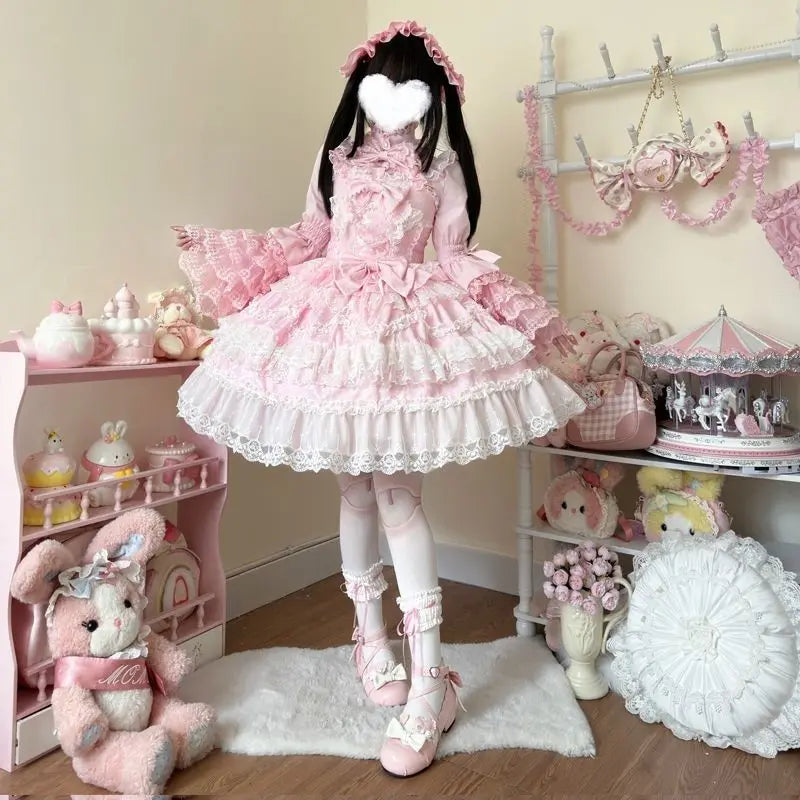 Women's Victorian Sweet Lolita Princess Dress | Kawaii Cute Lace Ruffle Flower Wedding Gown | Japanese Retro Elegant Bow Mini Dress | Premium Tatting Full Sleeve All Season Vestido Model LY014D5368 Luxegan