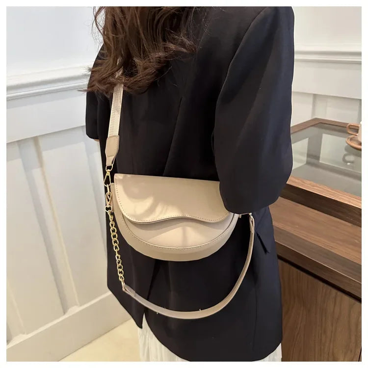 Retro Chain-Strap Saddle Bag | Solid Color Shoulder & Crossbody Purse Luxegan