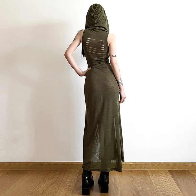 Women's Sexy European & American Style Sleeveless Hooded Dress | Hollow-Out High-Split Ankle-Length Gown | High Stretch Slim Fit Solid Color Streetwear Vestido | Summer Sheath Dress Model W068DS Luxegan