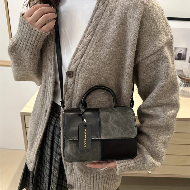 Elegant Geometric Patchwork Satchel Handbag | Vintage PU Leather Crossbody Shoulder Bag | Versatile Soft Tote with Snap Buckle Closure | Everyday Fashion Accessory for Women Luxegan