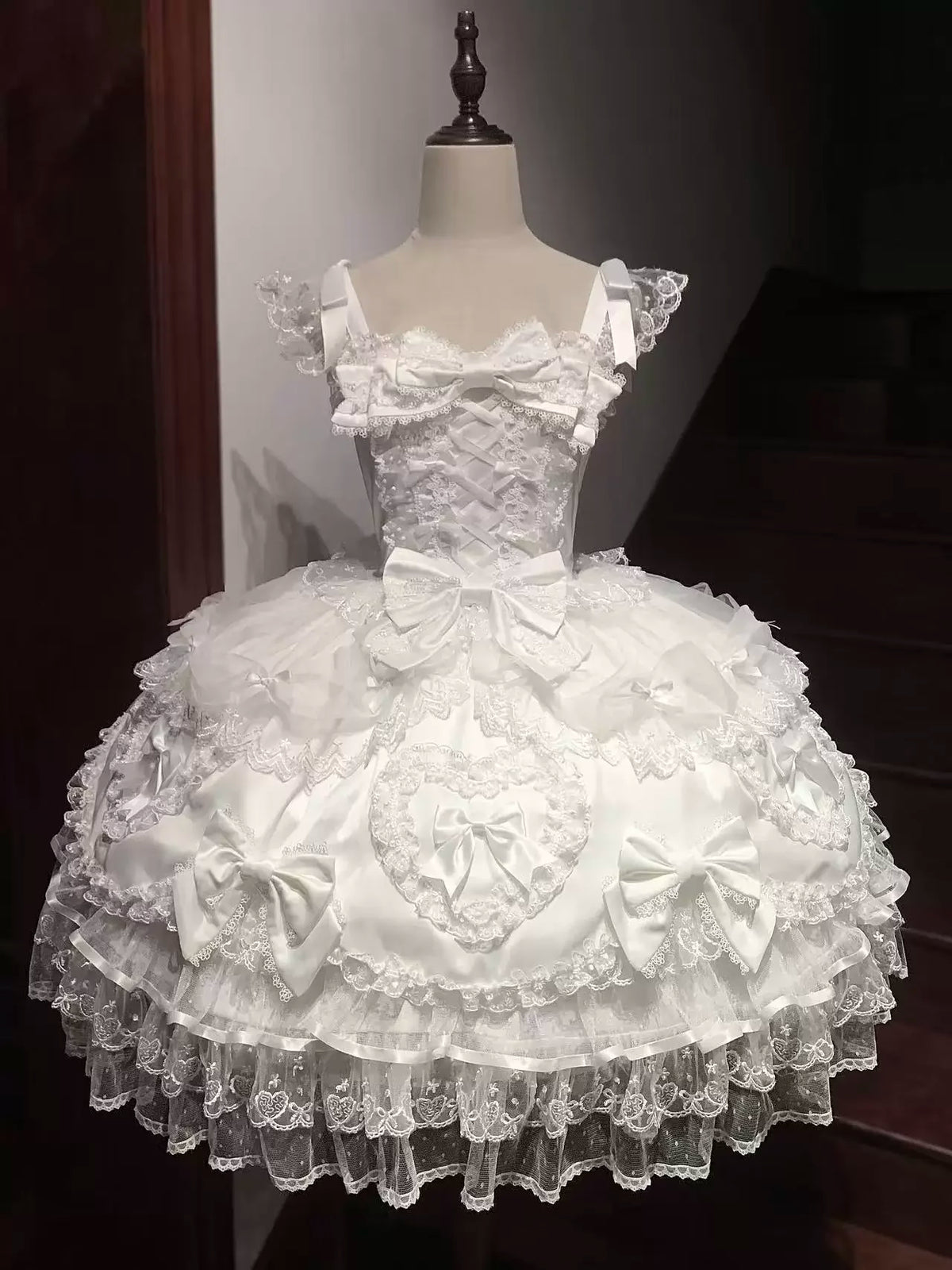 Sweet Lolita JSK Dress Set – Lace, Bow, Spaghetti Strap, Square Collar, A-Line