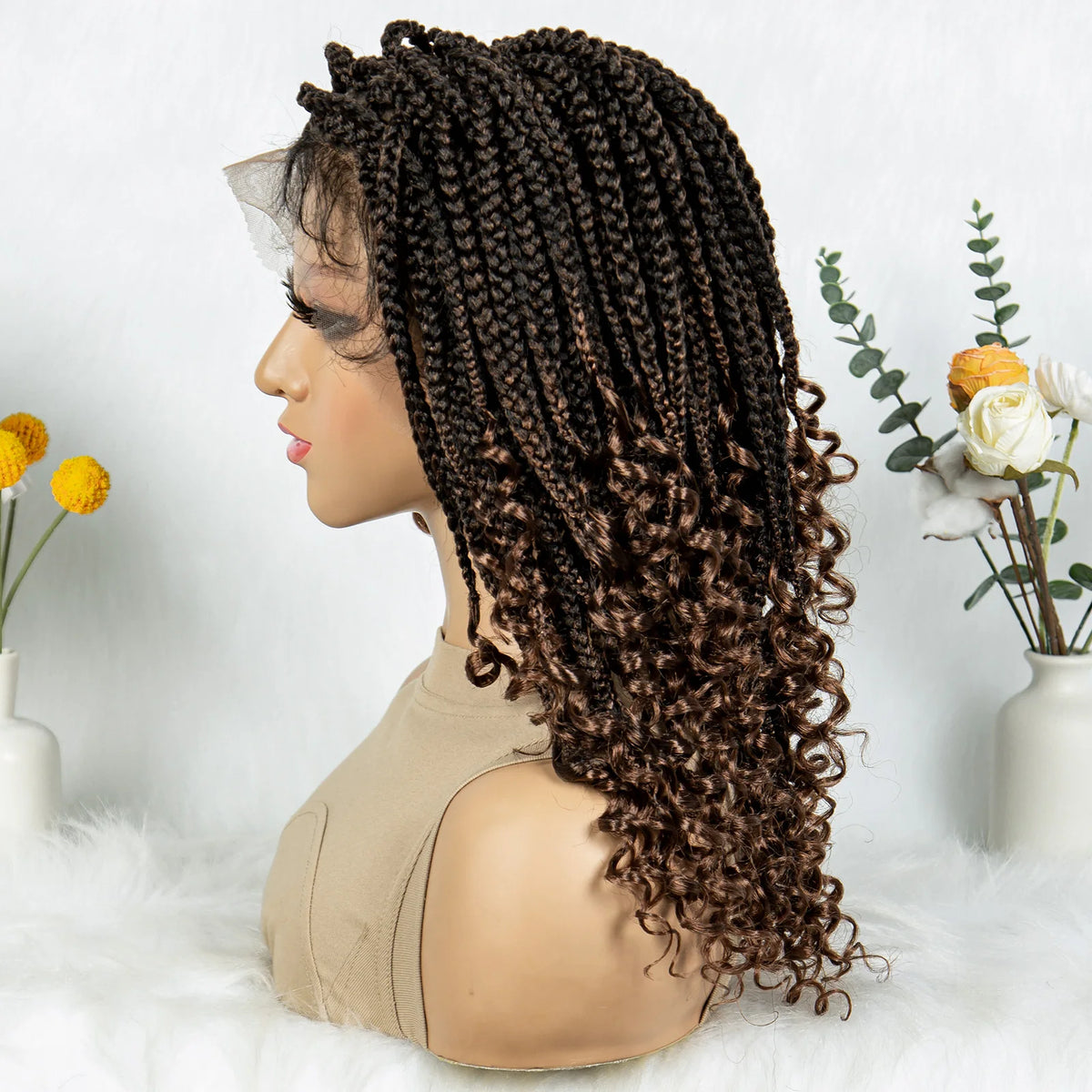 16 Inch Boho Knotless Box Braided Wig | Full Lace | Curly Ends