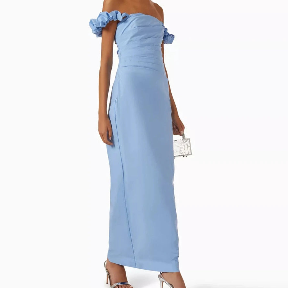 Pleat Backless Straight Evening Dress | Off-Shoulder Sleeveless Ankle-Length Gown Luxegan
