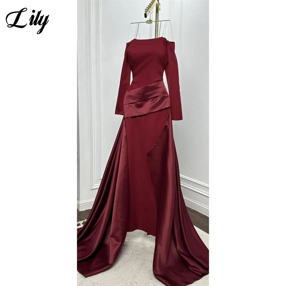Lily Burgundy Elegant Prom Dresses High-Neck Long Sleeves Mermaid Evening Dresses Satin Muslim Formal Gowns Dubai  Customized