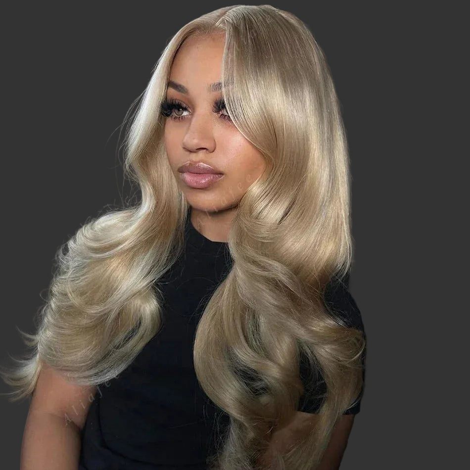 Gray Ash Blonde Highlight Lace Frontal Wig | Sophisticated 13x6 & 13x4 Transparent Lace | Elegant "Brazilian Remy" 26+ Inch Length | "Dignified" Pre-Plucked "Stripe" Highlight Human Hair for Radiant Versatile Styling Luxegan