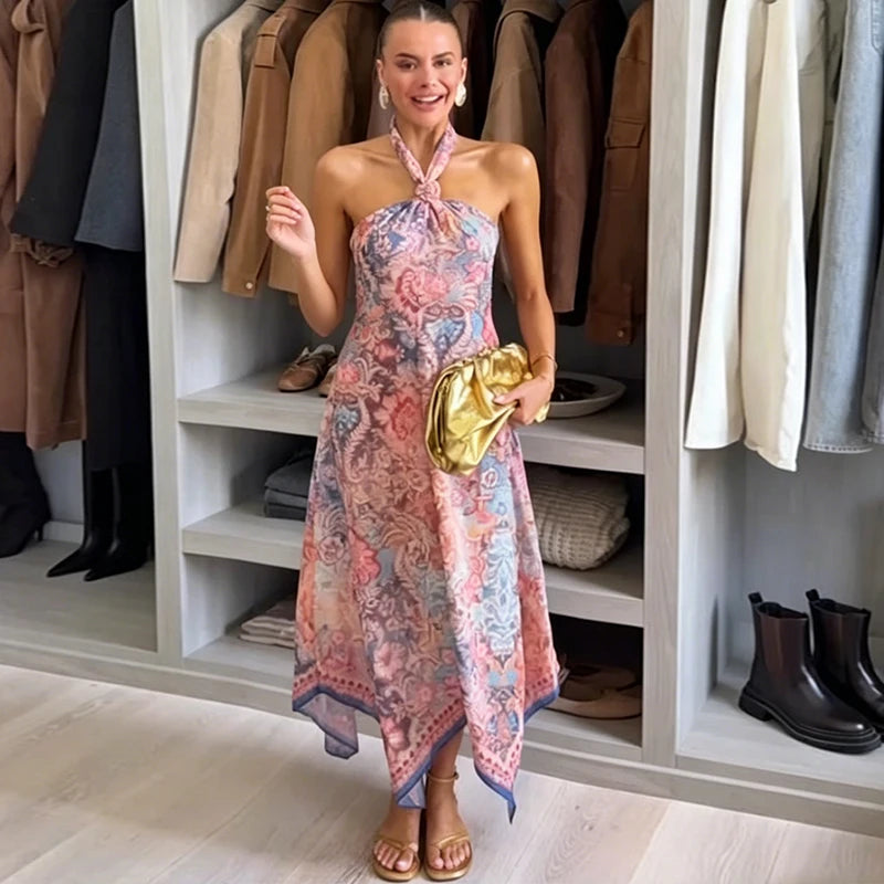 Floral Print V-Neck Sleeveless Slim Fit A-Line Floor-Length Dress – Empire Waist, All Season Luxegan