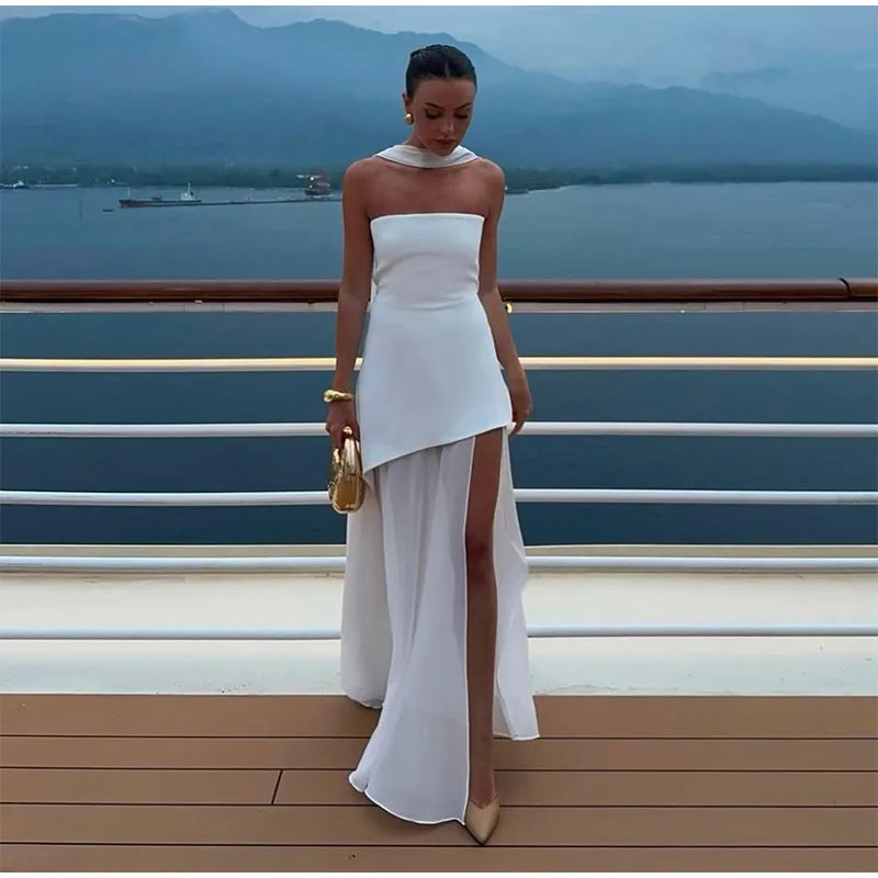Elegant White Mesh Splicing Slim Women Strapless Dress Chic Scarf Neck Off Shoulder High Waist Long Dresses Lady Party Robes