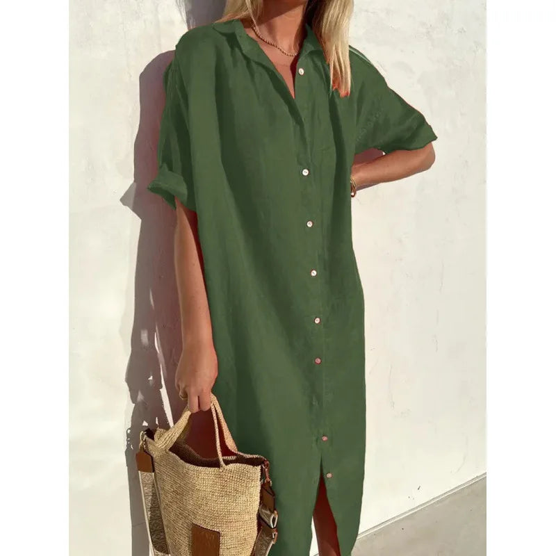 Women's Solid Short-Sleeve Summer Shirt Dress | Single-Breasted Button-Down Cardigan Maxi | Loose-Fit A-Line Mid-Calf Casual Vacation Skirt Luxegan