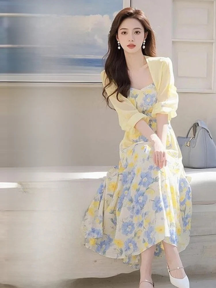Summer Large Size Women's Faionable Sun Protection Open Cardigan Top Waist Cinching Floral Dr Gentle Wind Two-Piece Set