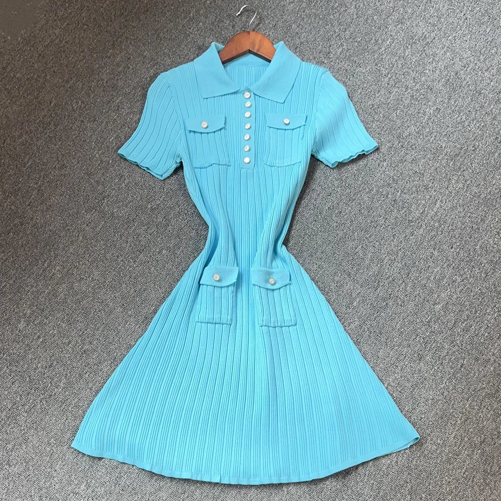 Women's Aesthetic Knitted Short Dress | Korean Fashion Turn-Down Collar Party Gown | High Street Buttoned Pockets Summer Dress | Premium Knit Medium Stretch A-Line Luxegan