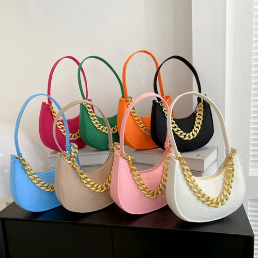 Fashion Women's Felt Handbag | Imitation Metal Chain Underarm Bag (Retro Ladies Solid Color Shoulder Bag, Trendy Casual Clutch Purse) Luxegan