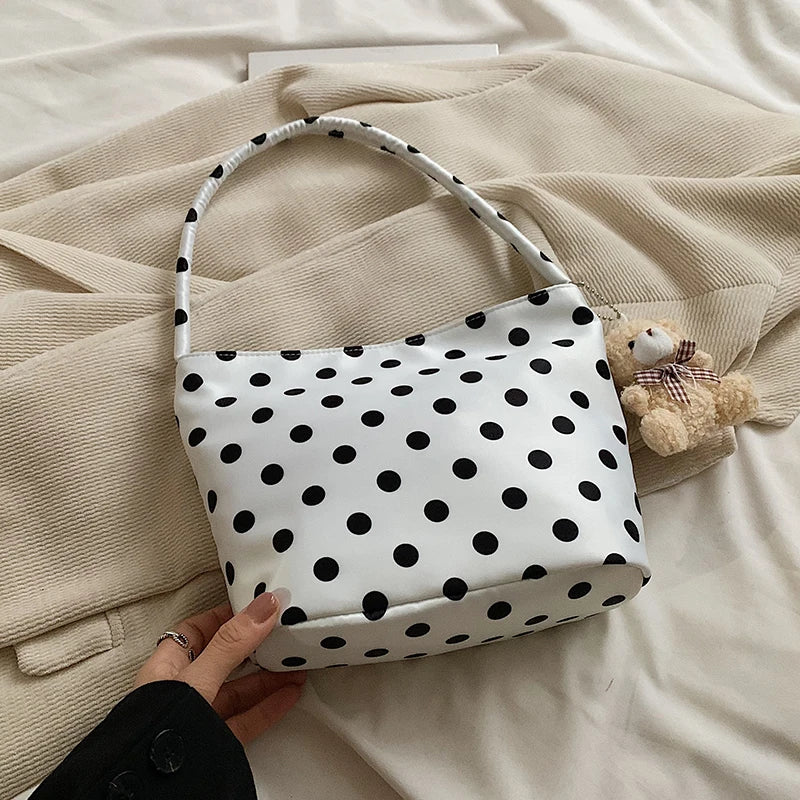 Soft Oxford Dot Pattern Bucket Bag | Casual Zippered Armpit & Shoulder Tote Luxegan