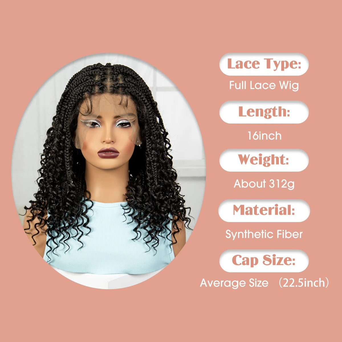 Full Lace Braided Lace Wigs Synthetic Knotless Box Braided Lace Wig with Curly Ends for Black Women Kinky Curly Braided Bob Wig Luxegan
