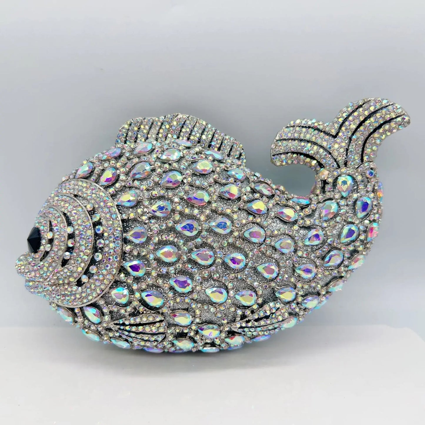 Women's Rhinestone Fish Evening Minaudiere Bag | Luxury Gold Stone Bridal Clutch Purse | Premium Metallic Hard Shell Wedding Handbag | Elegant Genuine Leather Lined Party Dinner Purse Model 01